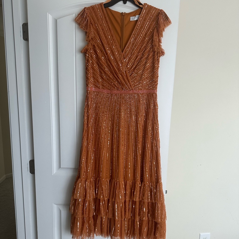 Mac Duggal SEQUINED WRAP OVER CAP SLEEVE RUFFLE HEM DRESS size 8